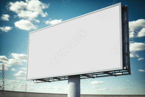 Foto Blank white outdoor billboard on blue sky background with clipping path signboard, outdoor board mockup, billboard mock up for advertisement, adds presentation for companies, shops