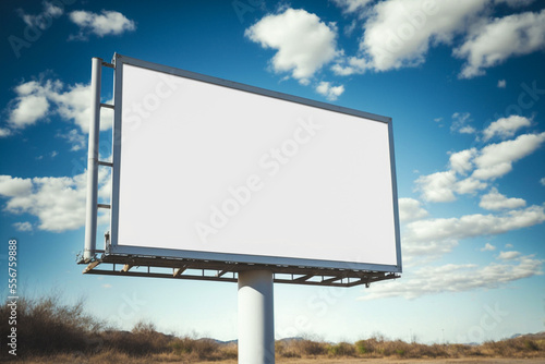 Foto Blank white outdoor billboard on blue sky background with clipping path signboard, outdoor board mockup, billboard mock up for advertisement, adds presentation for companies, shops