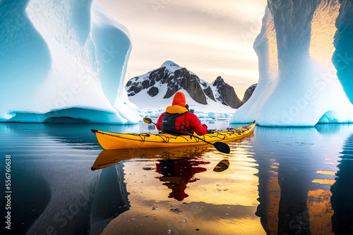Calm drifting on water among ice of snow and rocks winter kayaking in Antarctica Fototapeta