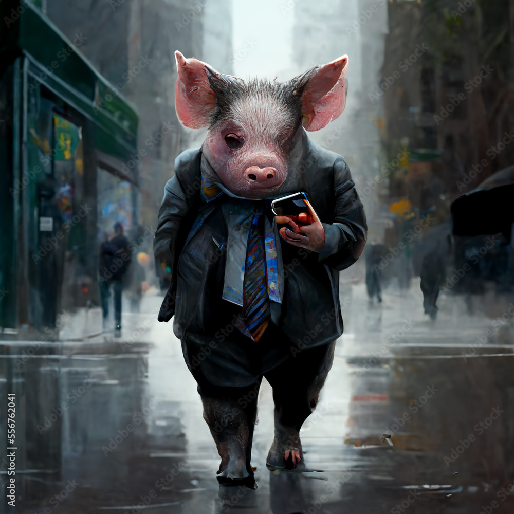 A pig in a business suit uses a smartphone. AI generated - obrazy, fototapety, plakaty 