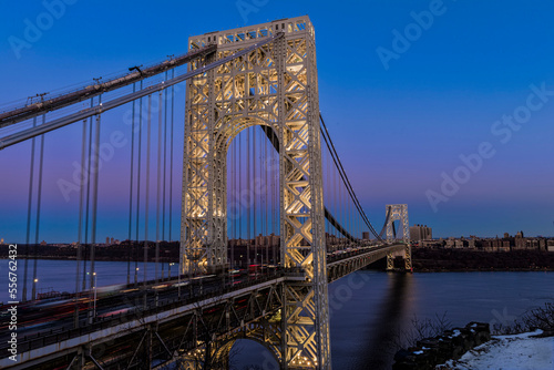 George Washington Bridge in Fort Lee Historic Park at twilight (specially lit for Martin Luther King, Jr. Day); Fort Lee, New Jersey, United States of America photo
