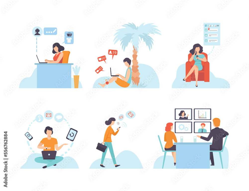 People Character Using Global Network Connection Vector Set