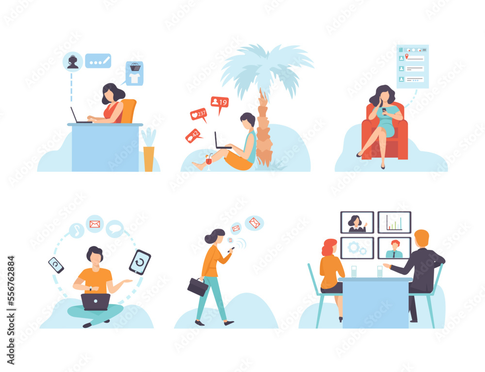 People Character Using Global Network Connection Vector Set People Character Using Global Network Connection Vector Set