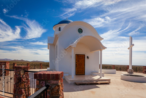 Entrance to the traditional Greek architecture of the hilltop church of The Chapel of the Holy Prophet of Elias at St Anthony's Greek Orthodox Monastery; Florence, Arizona, United States of America photo