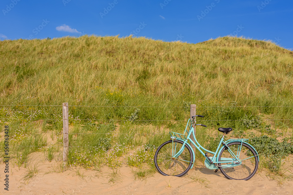 Fototapeta premium bicycle on the beach. A blue bicycle against the fence in the dunes