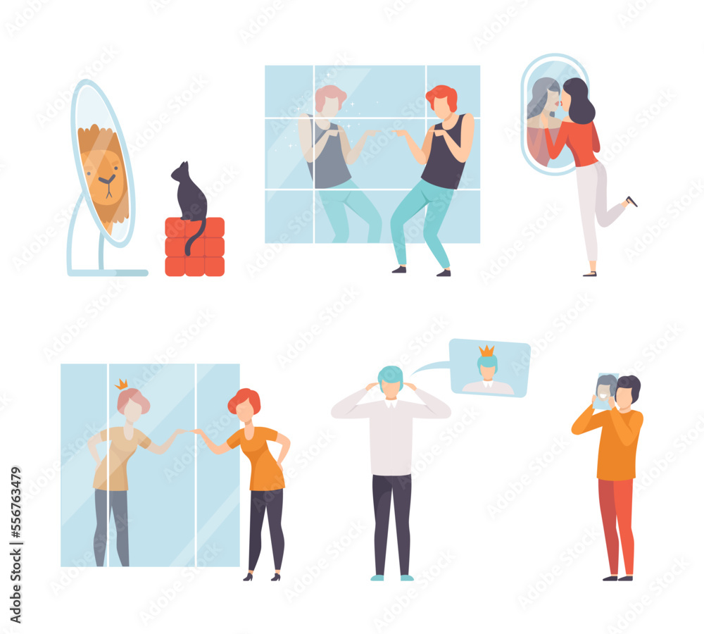 Narcissistic Man and Woman Character Looking in Mirror and Admiring of Themselves Vector Set Narcissistic Man and Woman Character Looking in Mirror and Admiring of Themselves Vector Set