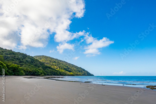 Daintree Rainforest meeting the Coral Sea on the Pacific ocean coast of Queensland, Eastern Kuku Yalani, Australia; Cape Tribulation, Queensland, Australia