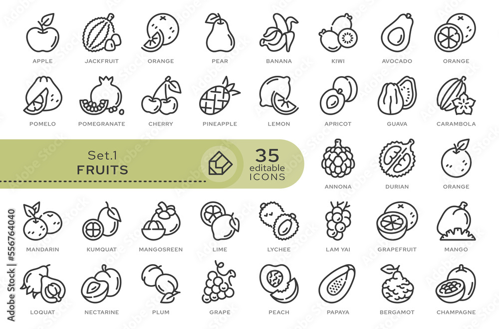 Set of conceptual icons. Vector icons in flat linear style for web sites, applications and other graphic resources. Set from the series - Fruits. Editable outline icon.	