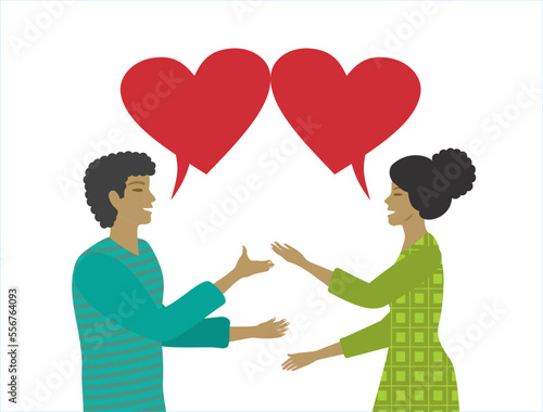 Good and loving communication. Man and woman talking, speech bubbles as hearts. Isolated on white. Vector illustration.