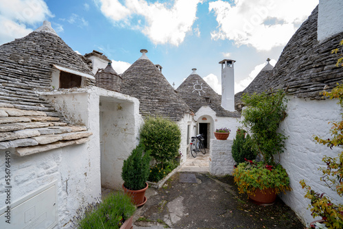 Potted plants and a bicycle in the back alleyway of the traditional round stone Trulli houses in the town of Alberobello; Alberobello, Puglia, Italy photo
