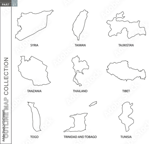Outline maps collection, nine black lined vector map
