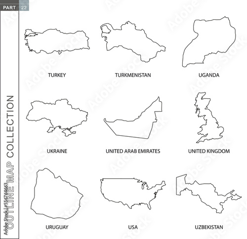 Outline maps collection, nine black lined vector map