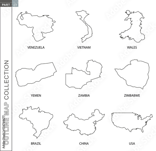 Outline maps collection, nine black lined vector map