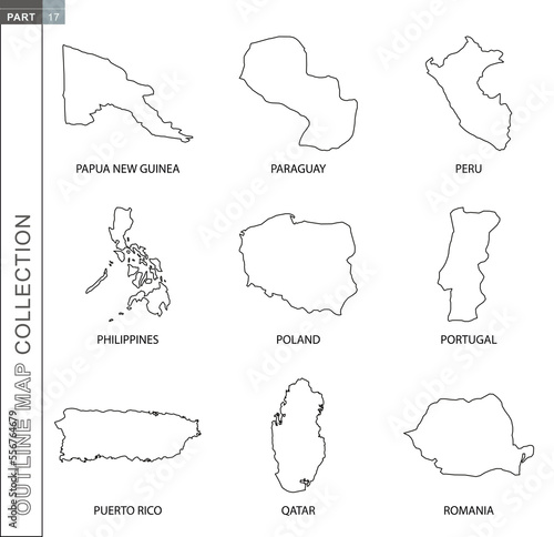 Outline maps collection, nine black lined vector map