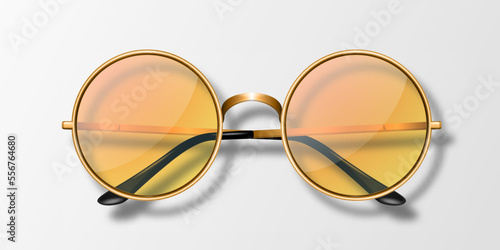 Vector 3d Realistic Round Frame Glasses Icon Isolated. Golden Frame. Transparent Orange Sunglasses for Women and Men, Accessory. Optics, Lens, Vintage, Trendy Glasses. Top View