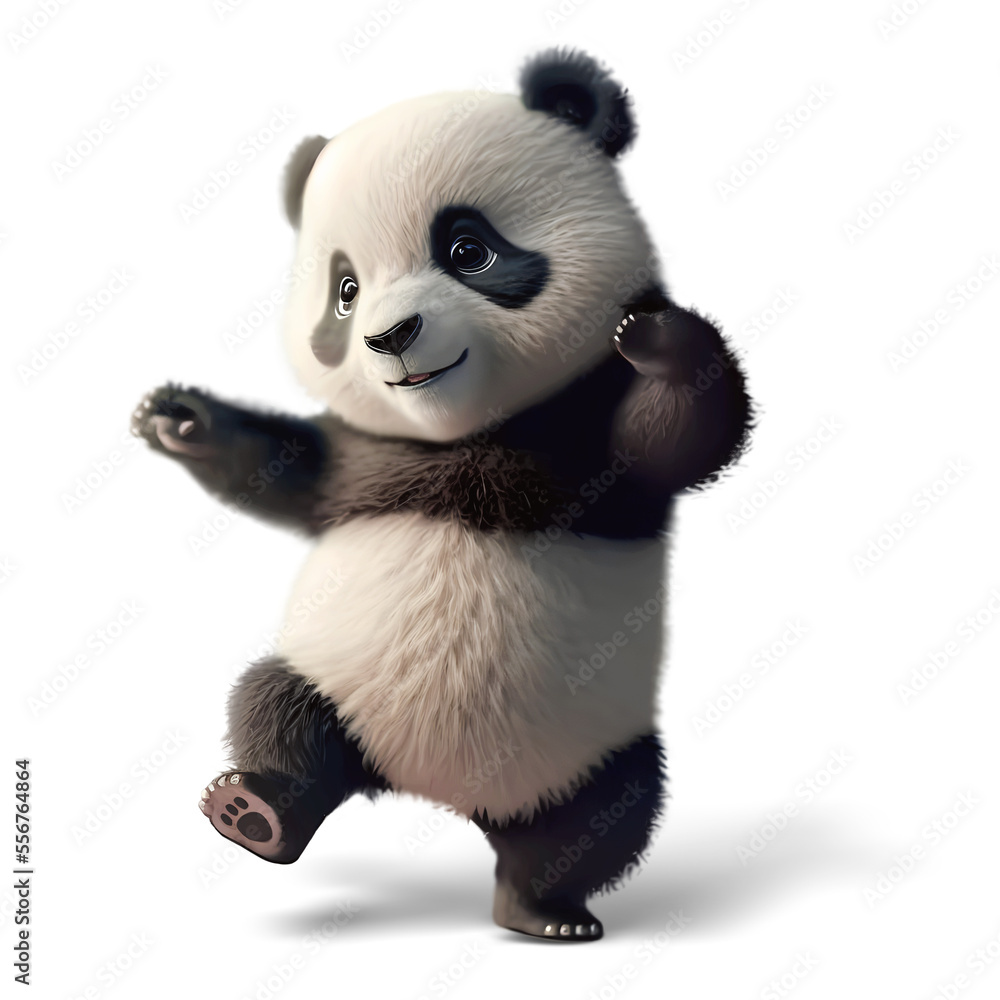 Funny panda dancing, 3D illustration on isolated background - obrazy, fototapety, plakaty 