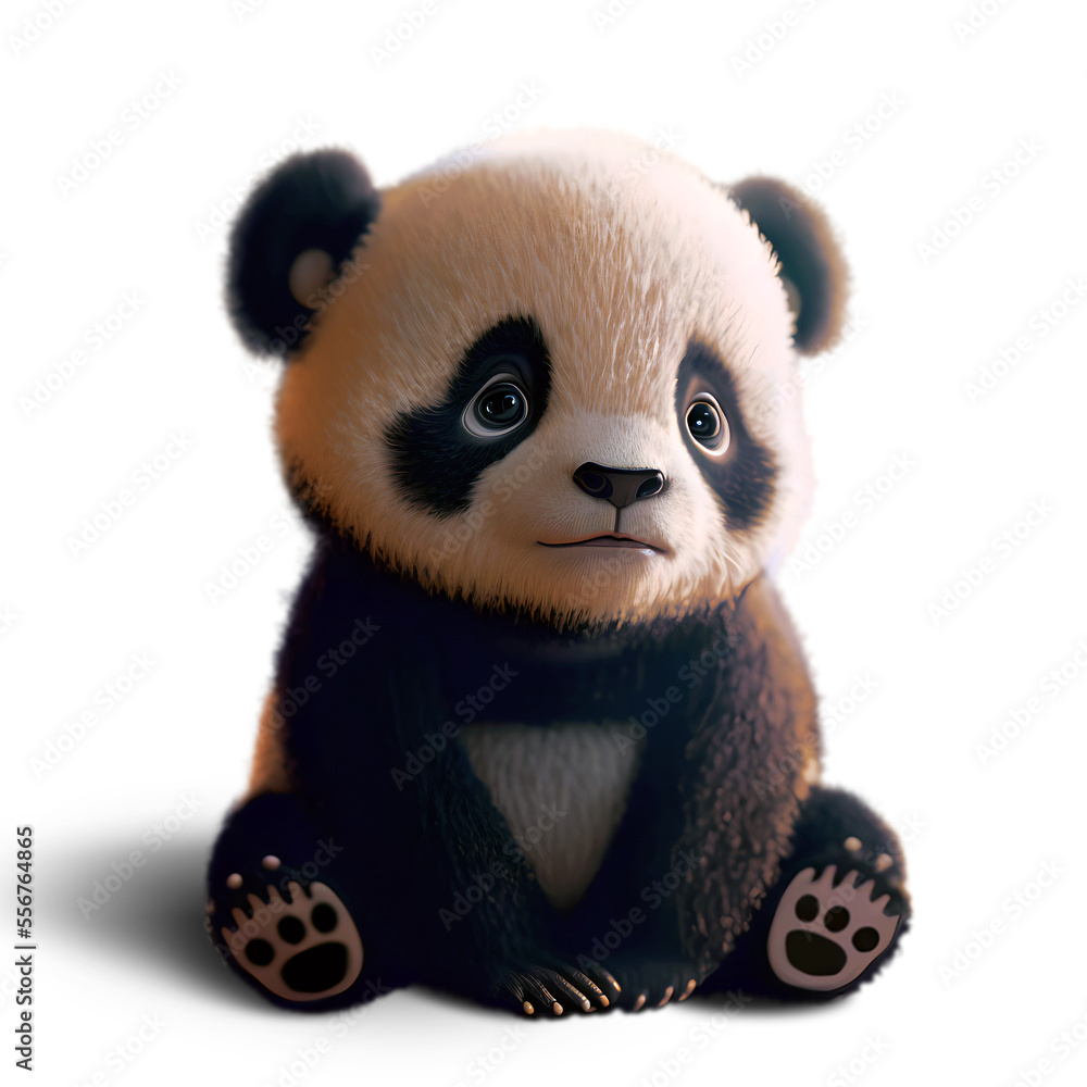Fluffy baby panda cub sitting, 3D illustration on isolated background Fluffy baby panda cub sitting, 3D illustration on isolated background