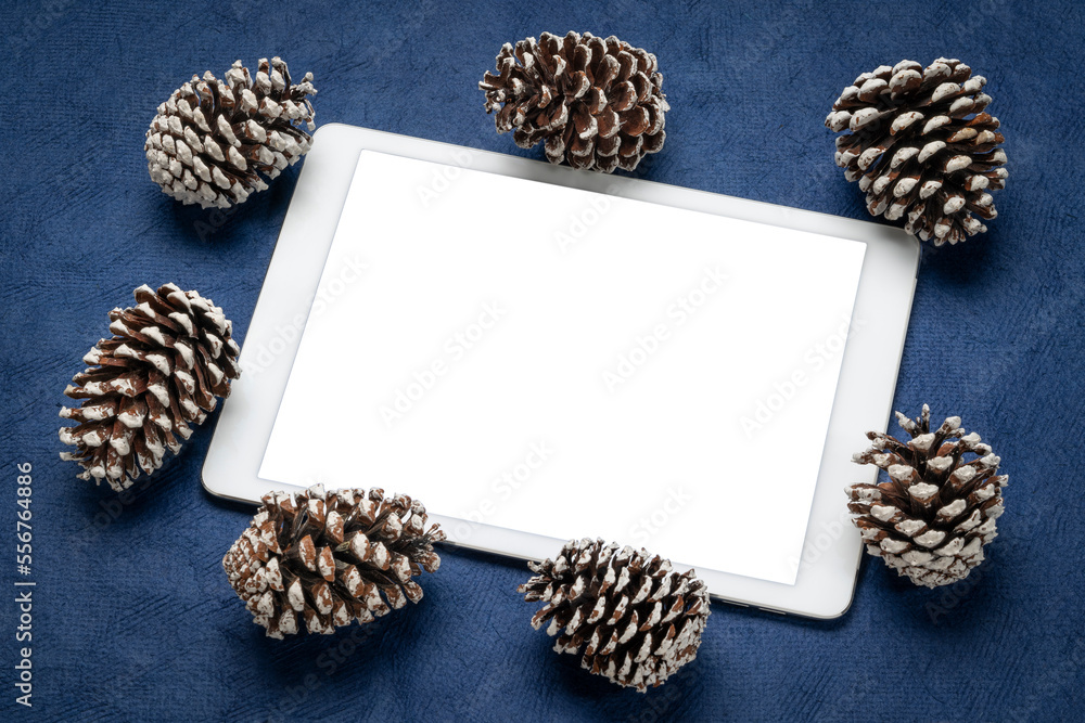 mockup of digital tablet with a blank isolated screen (clipping path included), flat lay with decorative, frosty pine cones on blue textured paper, winter holidays theme mockup of digital tablet with a blank isolated screen (clipping path included), flat lay with decorative, frosty pine cones on blue textured paper, winter holidays theme