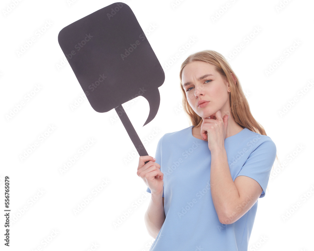 Thoughtful blonde girl holding a signboard with copy space. Studio shot on a white background. Thoughtful blonde girl holding a signboard with copy space. Studio shot on a white background.
