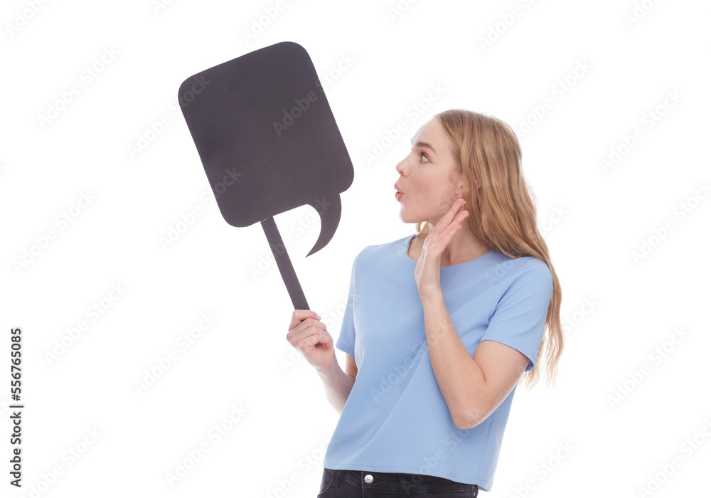 Wow. Surprised lady holding white empty board for advertisement and looking at camera with open mouth. Woman with blank advertisement placard, empty space for text Wow. Surprised lady holding white empty board for advertisement and looking at camera with open mouth. Woman with blank advertisement placard, empty space for text