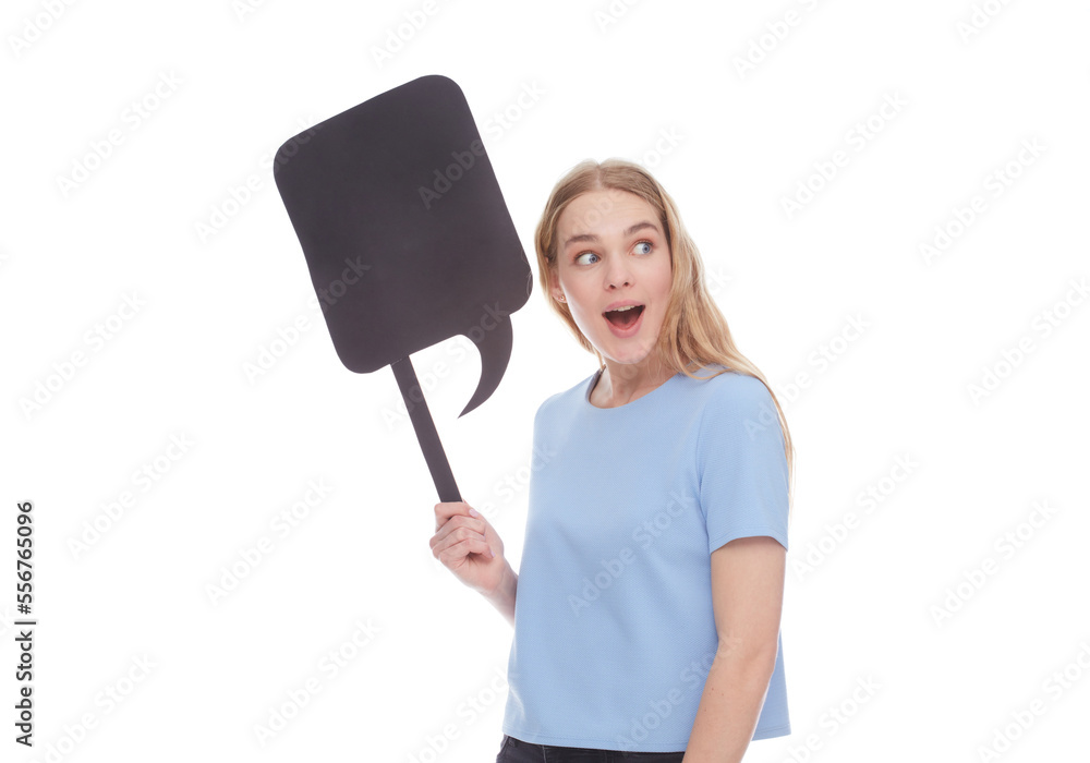 Wow. Surprised lady holding white empty board for advertisement and looking at camera with open mouth. Woman with blank advertisement placard, empty space for text Wow. Surprised lady holding white empty board for advertisement and looking at camera with open mouth. Woman with blank advertisement placard, empty space for text