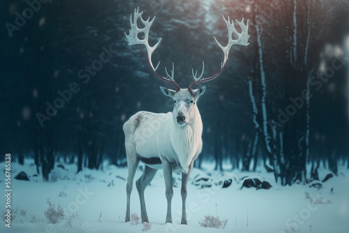 white noble deer with big horns in a magical winter landscape
