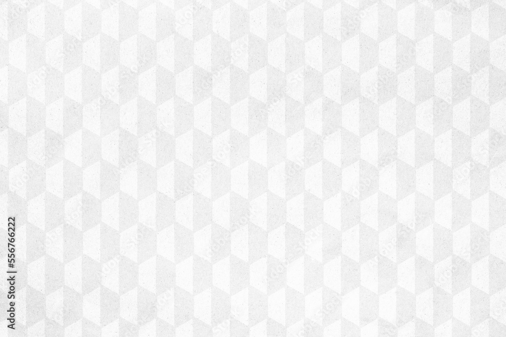 White and light gray 3d cube shapes on a textured paper background. High resolution full frame abstract grainy background with geometric pattern. Copy space.
