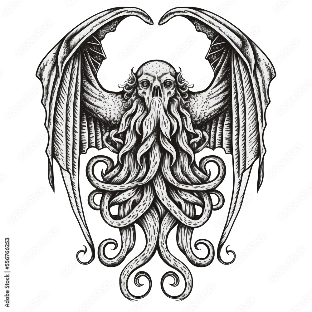 Cthulhu gothic engraving tattoo illustration on transparent background, Generative AI Stock Illustration