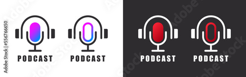 Podcast logos. Podcast concept icon. Podcast microphone with headphones. Vector image