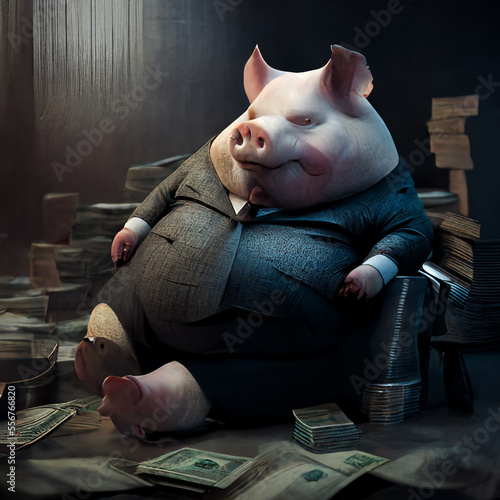 Fotografiet A fat pig sits on money in a bank vault. AI generated