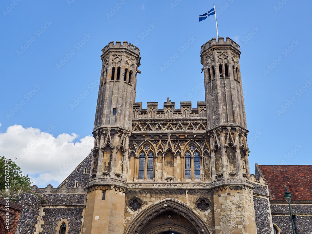 Fyndon Gate, with two towers, was originally the gate to the great court of St. Augustine Abbey. Canterbury, Kent, Englnd, UK