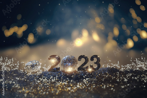 the numbers 2023 with glitter and golden bokeh © wernerimages