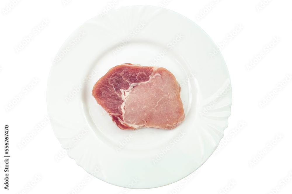 Pork meat slice on a white plate, isolated on white Pork meat slice on a white plate, isolated on white