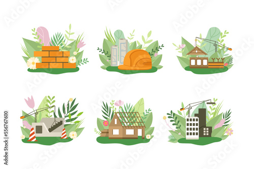Green home construction process. Ecological house building with sustainable, nature friendly construction materials cartoon vector illustration