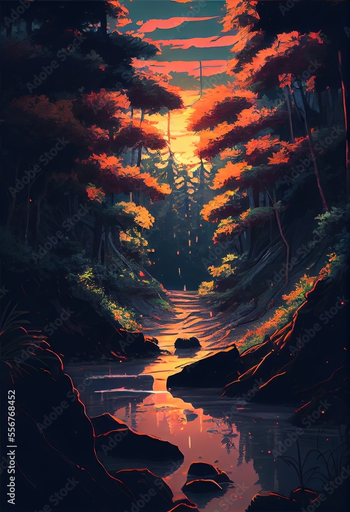 Fototapeta premium Beautiful Anime Sunset Scenery Forest. AI generated art illustration.
