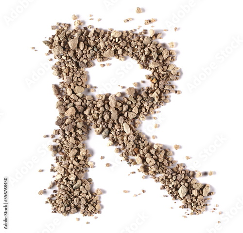 Clods of dry dirt, alphabet letter R, soil isolated on white, clipping path