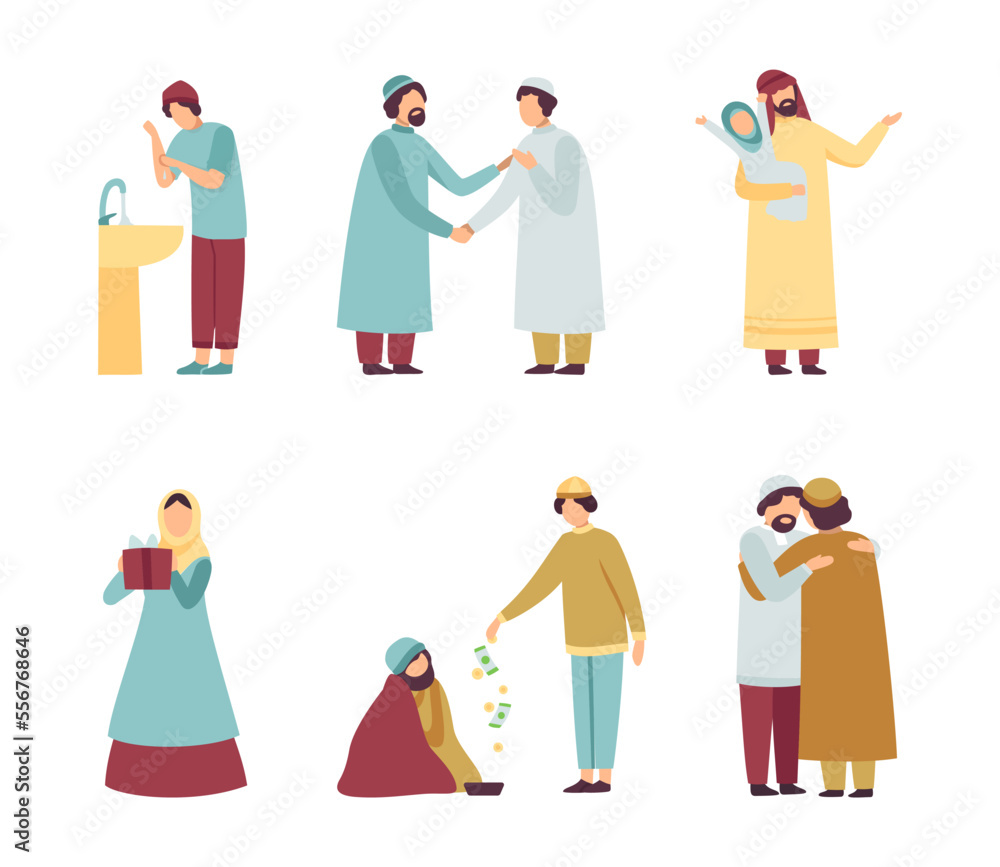Muslim people in traditional clothing set. Men washing hands preparing for prayer, giving money to homeless, giving gifts flat vector illustration
