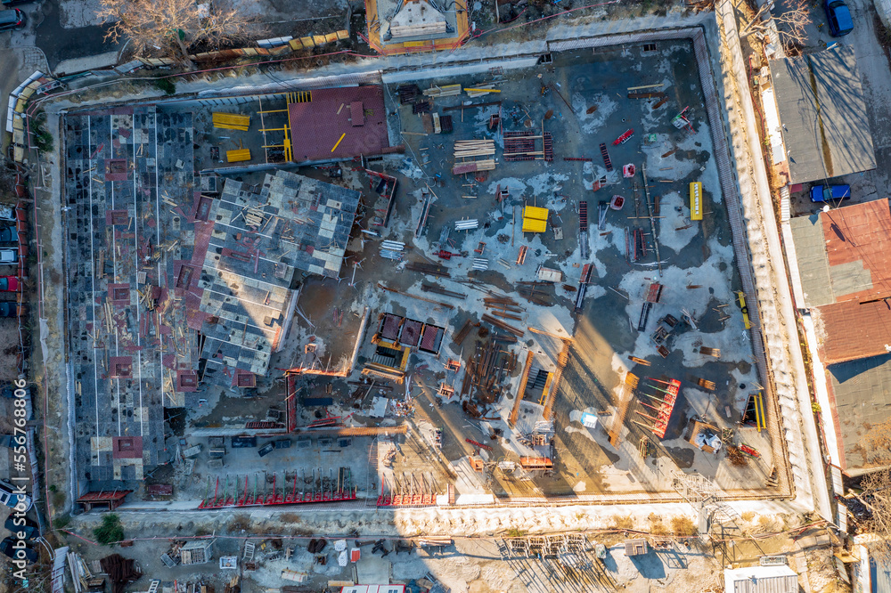 aerial top view of a construction site. Making a new building
