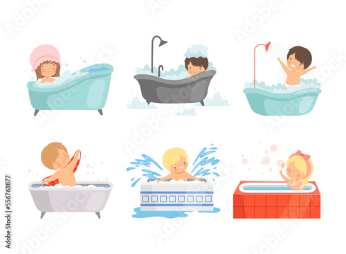 Cute kids taking bath set. Happy boys and girls sitting in bathtub with soap bubbles cartoon vector illustration