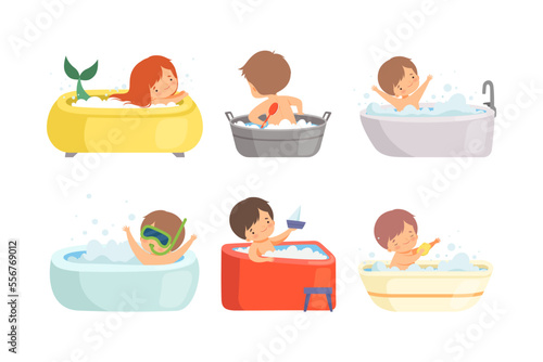 Cute kids taking bubble bath set. Happy little boys and girls having fun in the bathtub cartoon vector illustration i