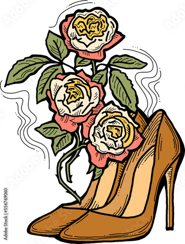Beautiful decorative composition. High heels shoes decorated with rose flowers. Wedding style invitation, fashion poster, postcard print, shoe shop logo design, shopping sale promotion. Hand drawing.