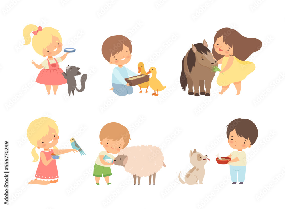 Set of cute kids feeding baby animals. Little boys and girls caring of kitten, gosling, foal, parrot, sheep, lamb cartoon vector illustration Set of cute kids feeding baby animals. Little boys and girls caring of kitten, gosling, foal, parrot, sheep, lamb cartoon vector illustration