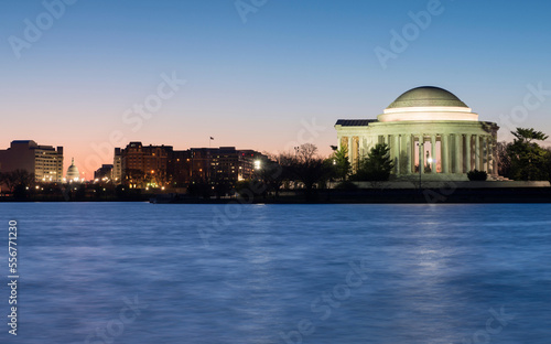 Sunrise over the Thomas Jefferson Memorial on the Tidal Basin in Washington DC.