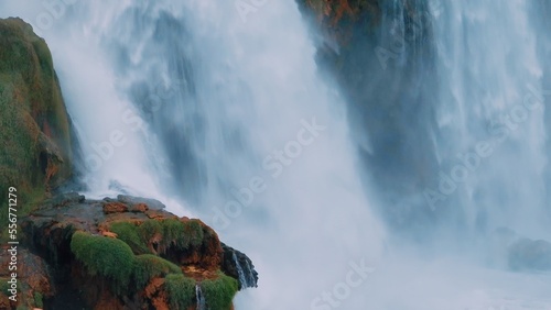 Waterfall from a cliff close-up. Aerial drone view. A stormy stream of water falls down. Nature background