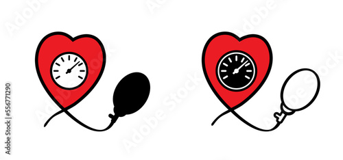 Cartoon blood pressure monitor, Medical tonometer. Pressure blood high or low, medical device. Measure the patient's blood pressure. Control healthcare concept. Heart check. ECG heartbeat line pulse.
