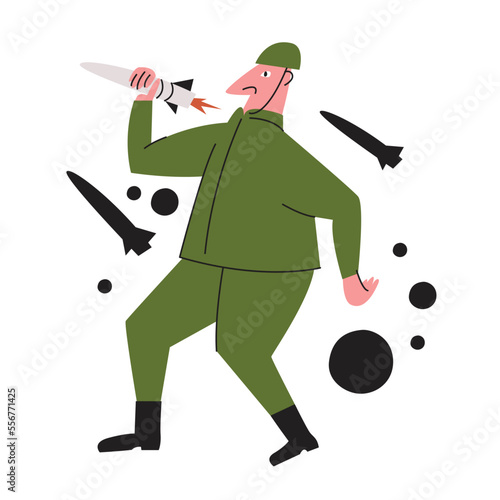 A military man in uniform throws a rocket. Military operation. Destruction with weapons. Soldier on duty. A missile used for military purposes. Illustration in flat graphic style.