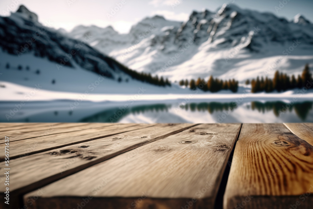 Empty wooden table on a blurry background of snowy landscape Empty wooden table on a blurry background of snowy landscape