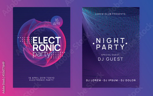 Neon edm flyer. Electro trance music. Techno dj party. Electronic sound event. Club dance poster.