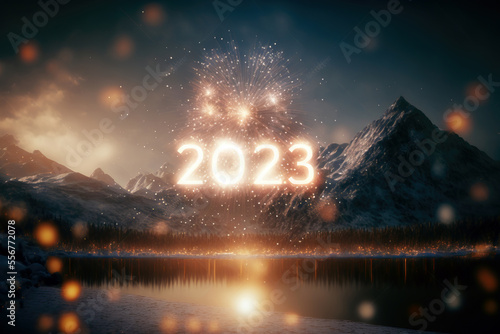 the numbers 2023 with firework and winter landscape