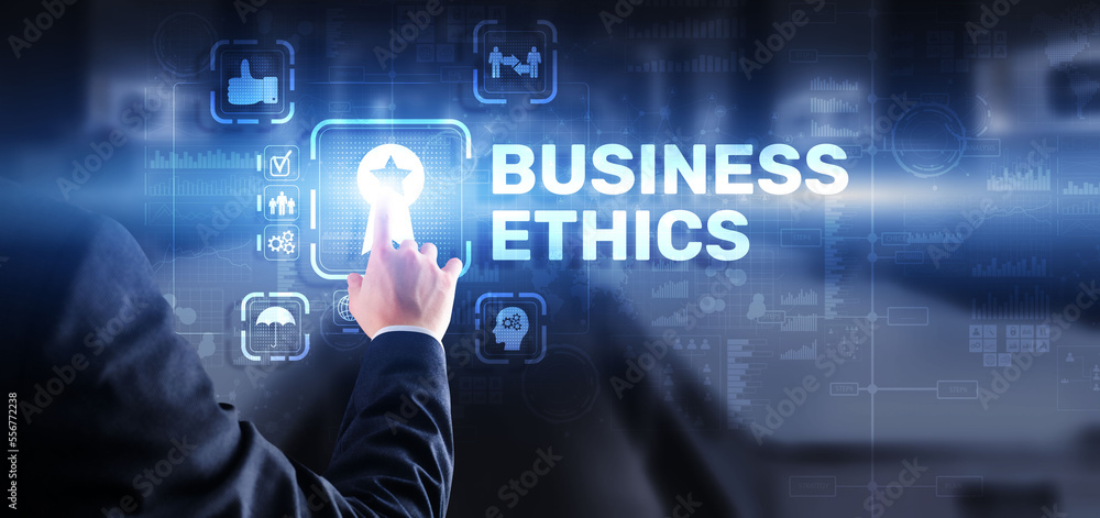 Business ethics Behavior and manners concept. Businessman pressing button on virtual screen Business ethics Behavior and manners concept. Businessman pressing button on virtual screen